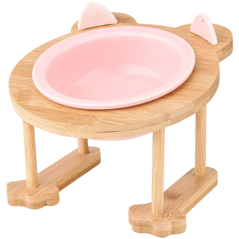 

New High-end Pet Bowl Cartoon Patterns Bamboo Frame Ceramic Bowl Pet Feeding and Drinking Bowls for Dog Cat