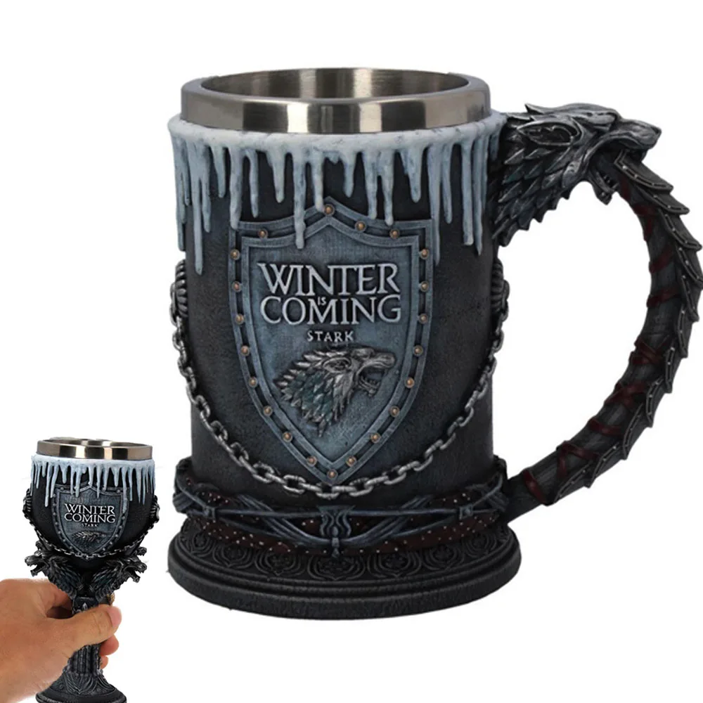 

3D Gothic Goblet Iron Throne Tankard Beer Mugs Resin Stainless Steel Wine Glass Coffee Mug and Cups Birthday Valentine's Day Gi