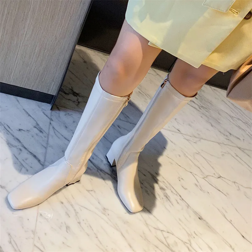 

ANNYMOLI Genuine Leather High Heel Long Boots Women Shoes Square Toe Thick Heels Zipper Lady Knee-High Boots Autumn Black White