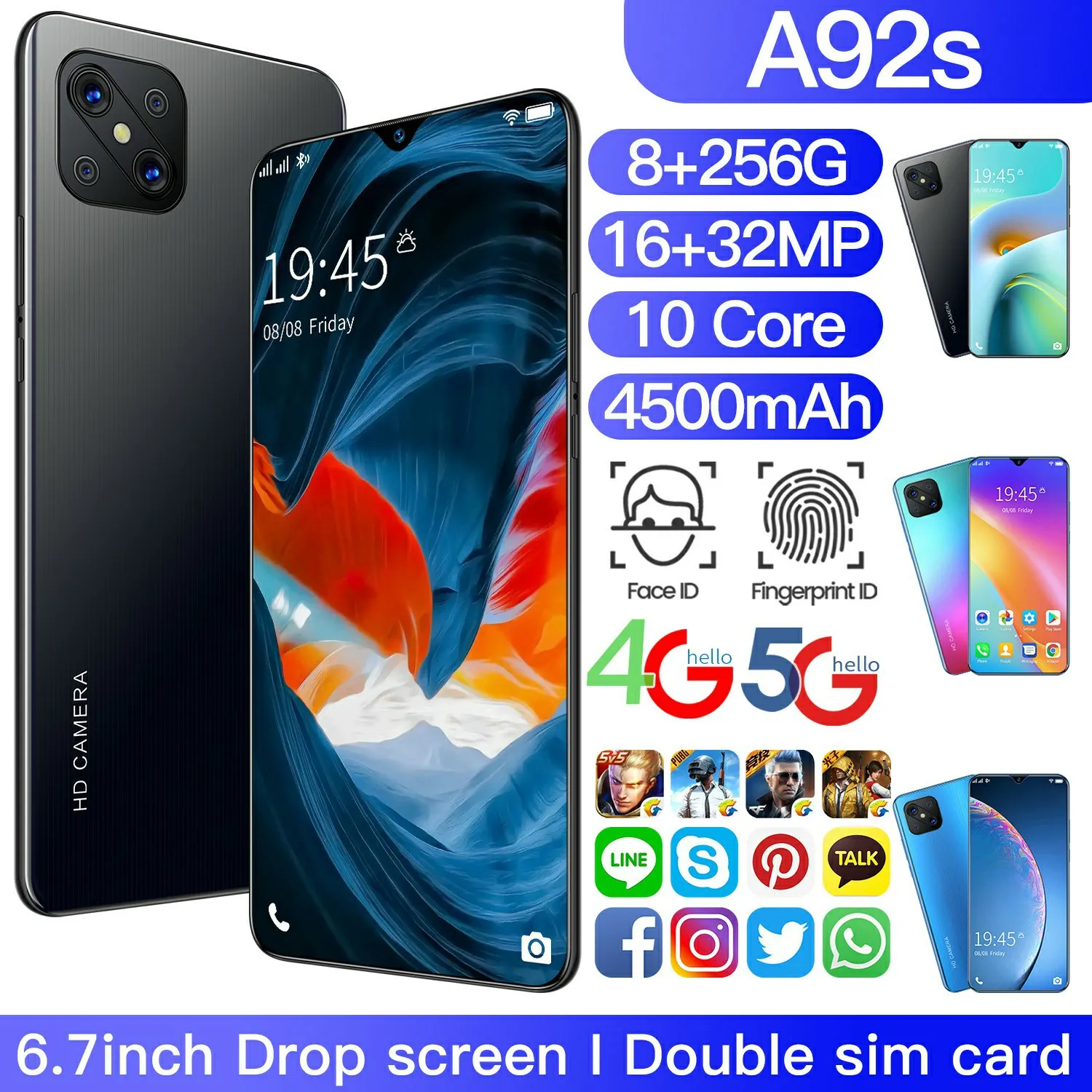 

Nwe Global Version Smartphone A92s 6.7Inch 4G 5G Android 10.0 Deca Core 4500mah 16MP+32MP 8GB+256GB Dual SIM Mobile Phones