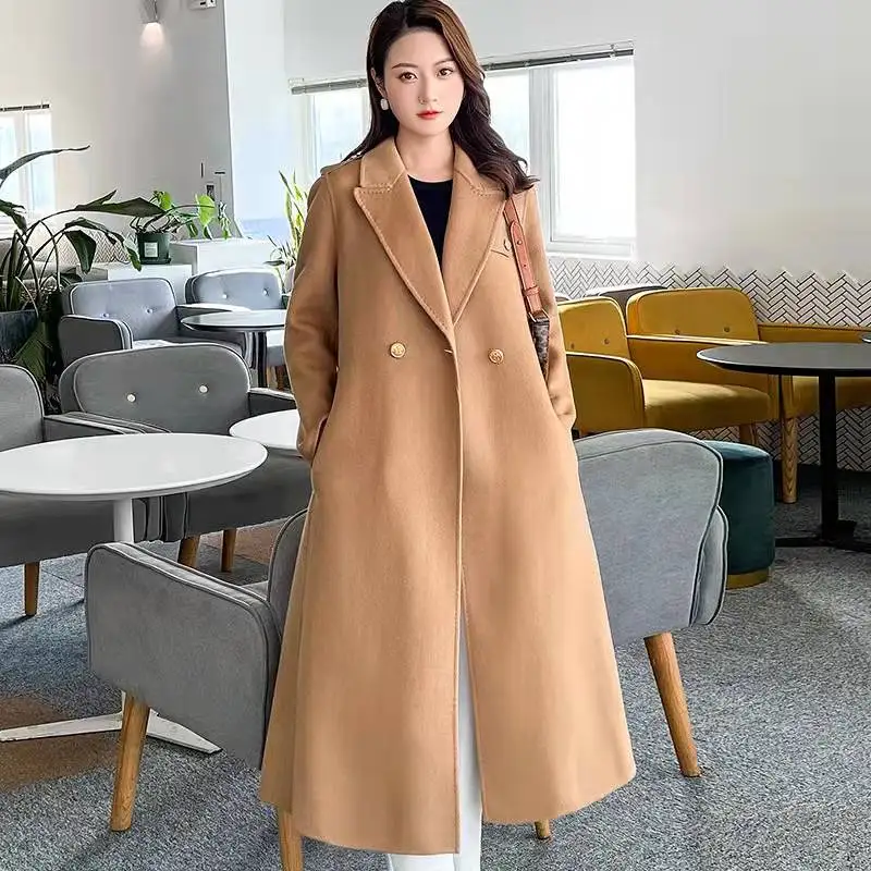 

Женское двухстороннее шерстяное пальто, корейское свободное двубортное пальто из 2022-ной шерсти со шнуровкой и поясом, Весна-Осень 100%