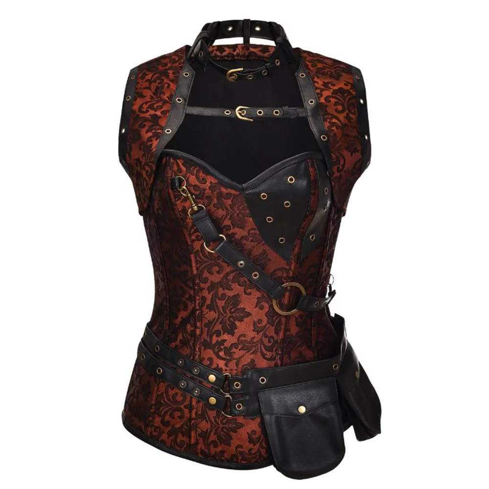 Brown Sexy Burlesque Outfit Steampunk Costume Gothic Overbust Corset Steel Boned Corsets For Plus Size Women Corselet Feminino