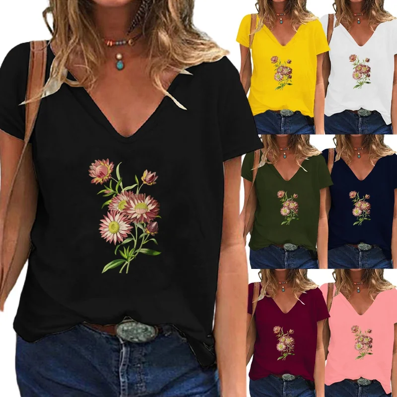 

Женская футболка с цветочным принтом, V-образным вырезом и коротким рукавом