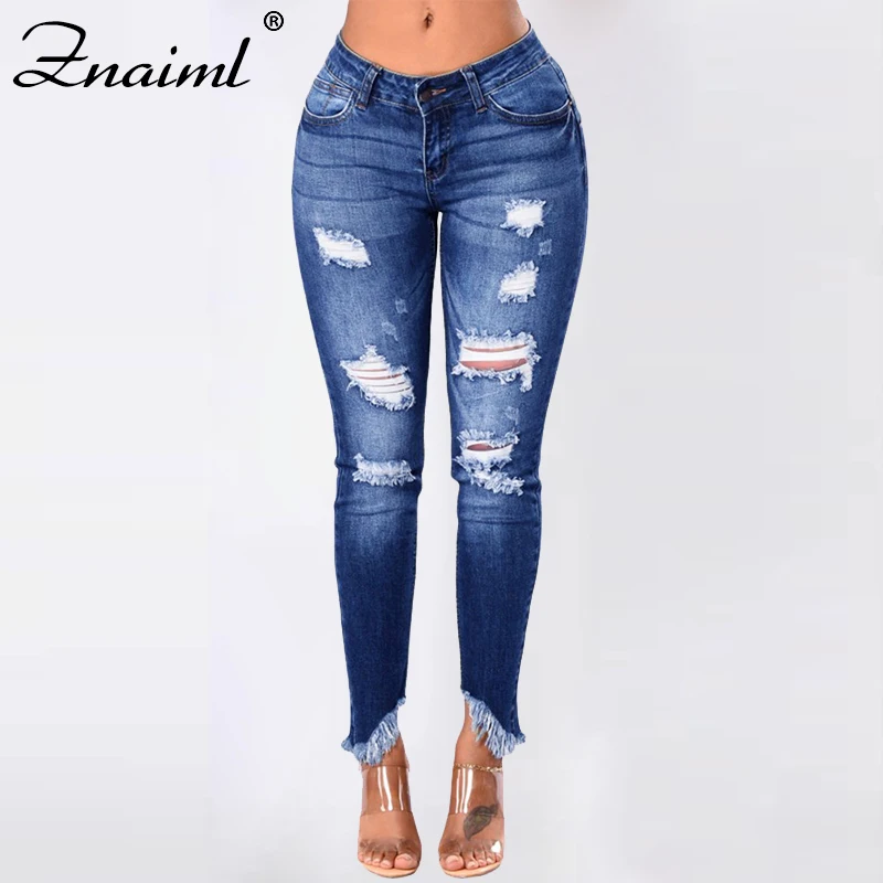 

Znaiml Ripped Hollow Out Jeans Women Fashion Bottom Slanting Tassels Scratch Denim Pencil Pants High Waist Stretch Slim Trousers