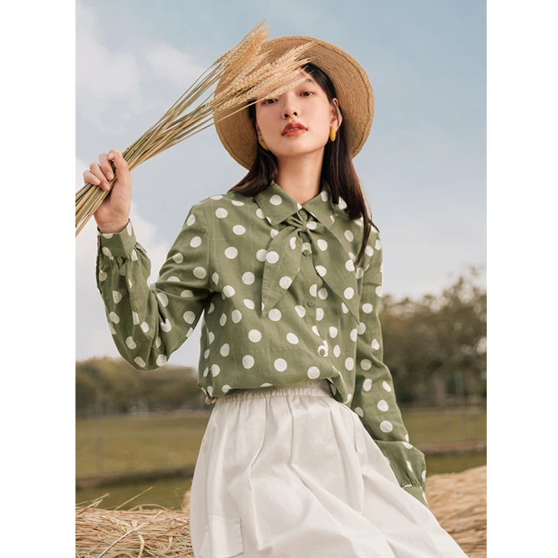 INMAN/весенне-осенняя модная свободная хлопковая блузка в горошек во французском