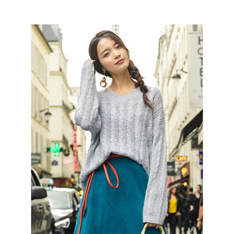 

INMAN Spring Autumn Koran Retro Style V Neck Fit Shape Women Pullover Sweater