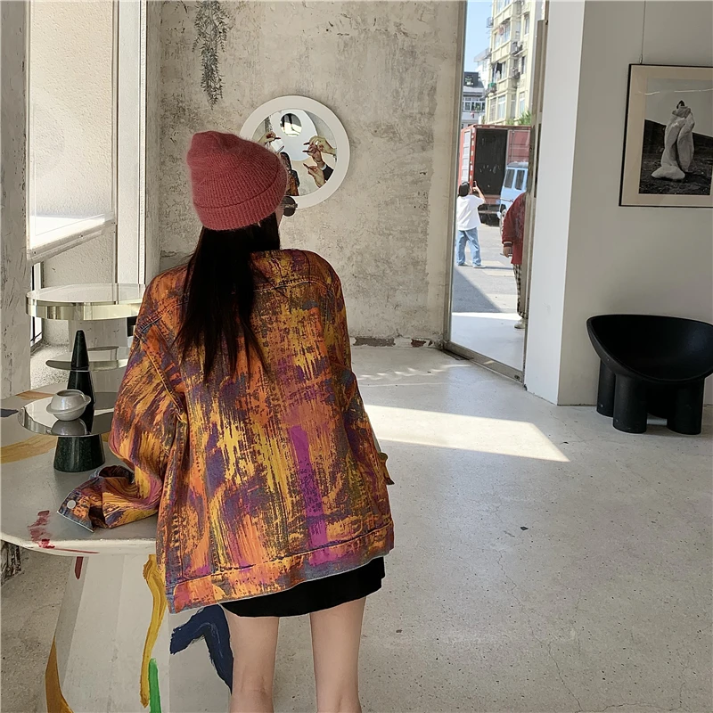 

Spring And Autumn New Tie-Dye Hand-Painted Graffiti Denim Loose Korean Version Of The Single Breasted Turn-Down Collar Jacket