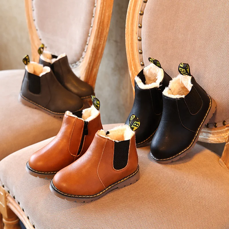 

2021 Autumn Children Chelsea Boots Winter Warm Fur Leather Snow Boots Fashion Boys Girls Casual Ankle Rubber Boots Cotton Shoes