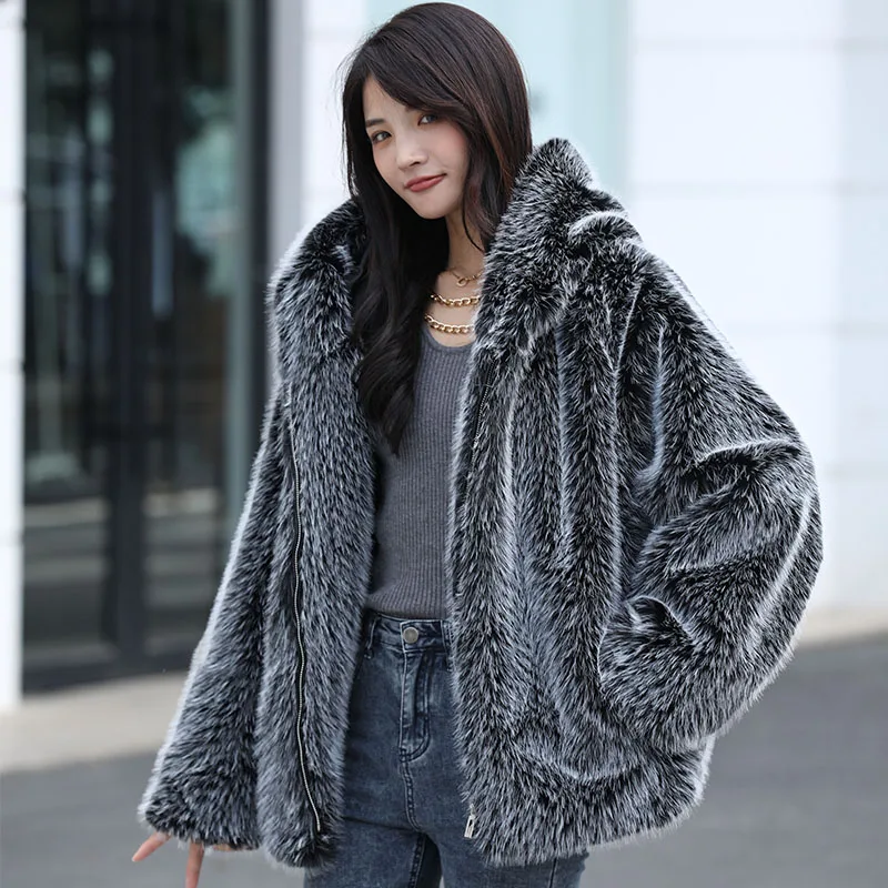 Winter Women High Quality Faux Fox Fur Coat Luxury Long Fur Coat Loose Hooded OverCoat Thick Warm Plus Size Female Plush Coats