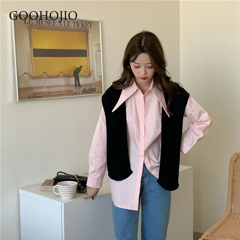 

GOOHOJIO 2021 New Spring and Autumn Solid Color Shirts Women Fashionable Loose Women Casual Shirt Chic Design Shirt for Ladies