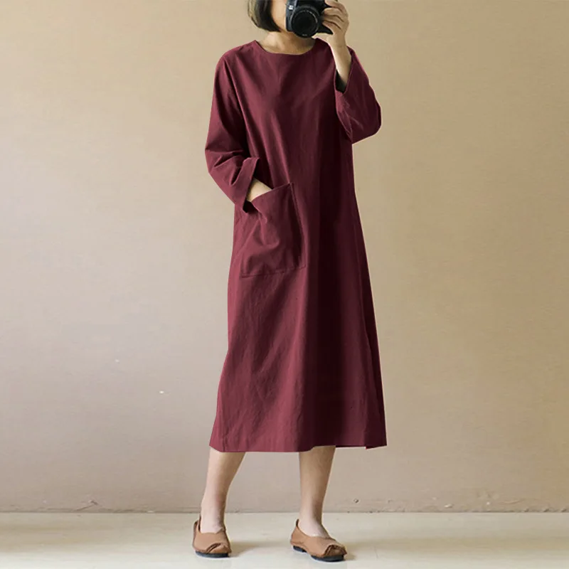 

Ladies Long Dress Fashion Round Neck Long Sleeve Shirt Dress Literary Retro Long Sleeve Female Plus Size Women's Clothing 5xl