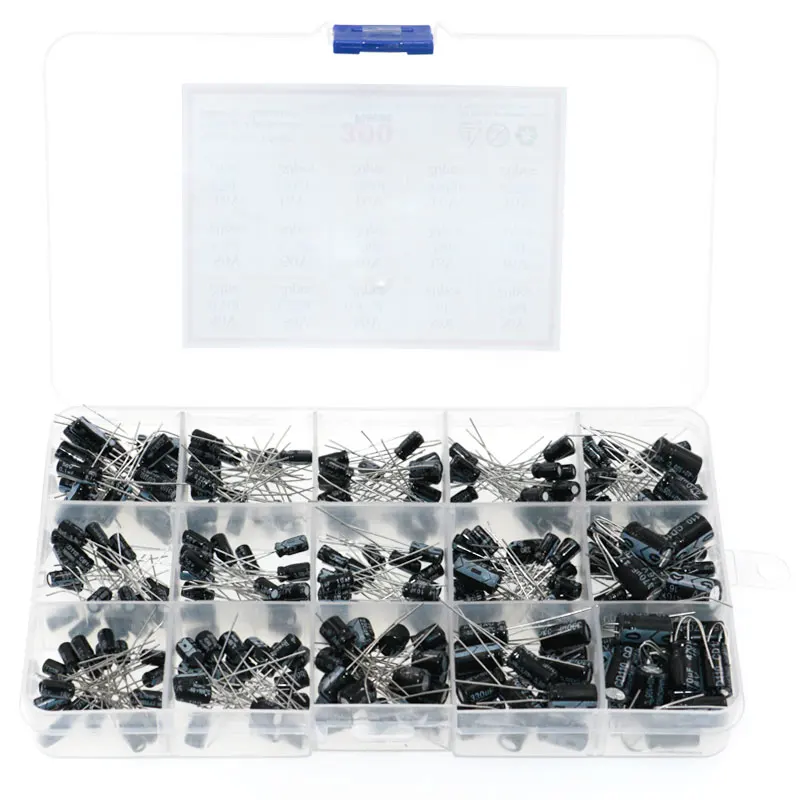 300pcs 15 Values 0.1uF-470uF Mix Electrolytic Capacitor Kit With Storage Box | Электронные компоненты и