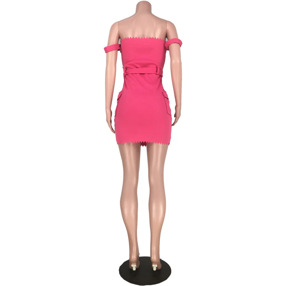 

Off The Shoulder Summer Slim Fit Dress 2021 Woman Hot Slash Neck Open Back Short Dresses Sweet Necon Green Pockets Sashes Dress