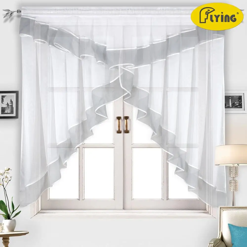 

Flying Kitchen Curtains Tulle With Color Side For Window Balcony Rome Pleated Design Stitching Colors Voile Sheer Drape Short