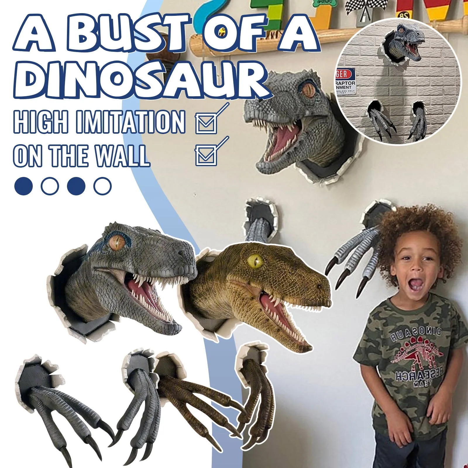 Синий Велоцираптор на стену реквизит в виде динозавра настенная статуя с головой