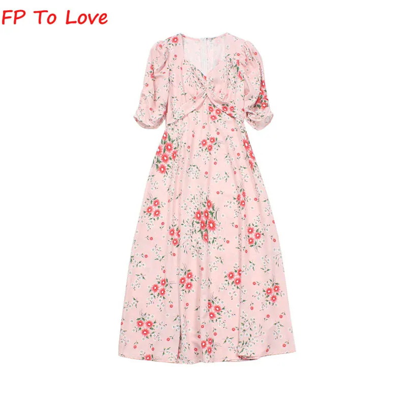 

FP To Love Woman Pink Floral Print Long Dress Short Sleeves Puff 2022SS Spring Summer High Street Split