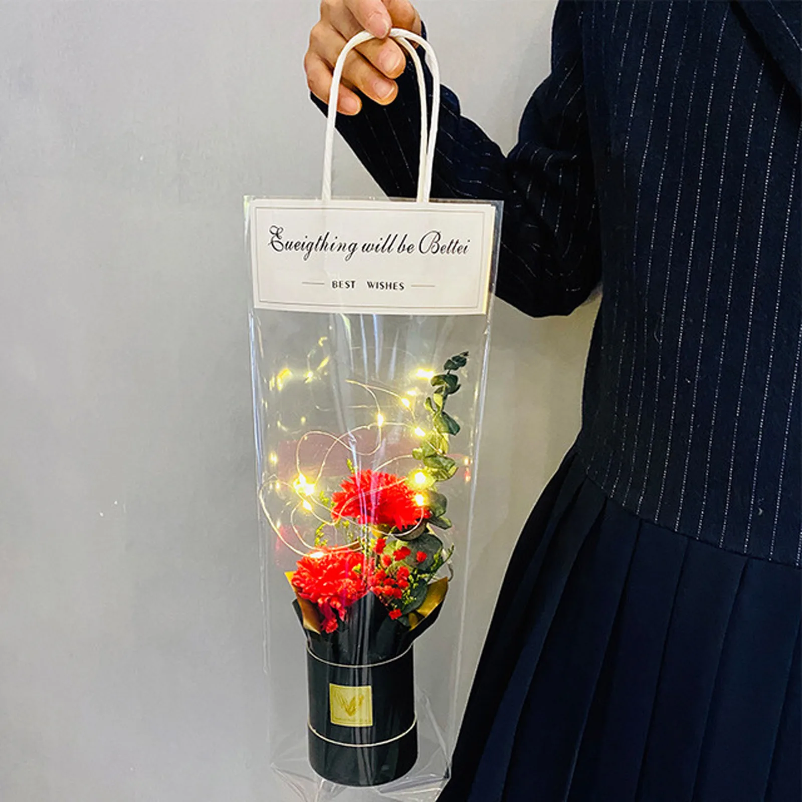 

Carnation Bouquet Flowers with Lights Artificial Gift Box Cylinder With Greeting Card Mother's Day Teacher's Day Creative Gifts