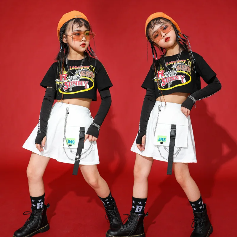 

Girls Cheerleading Costumes Summer Crop T shirt Tops Clothing Pleated Skirt Outfits For Kids Jazz cropped Dancing Clothes