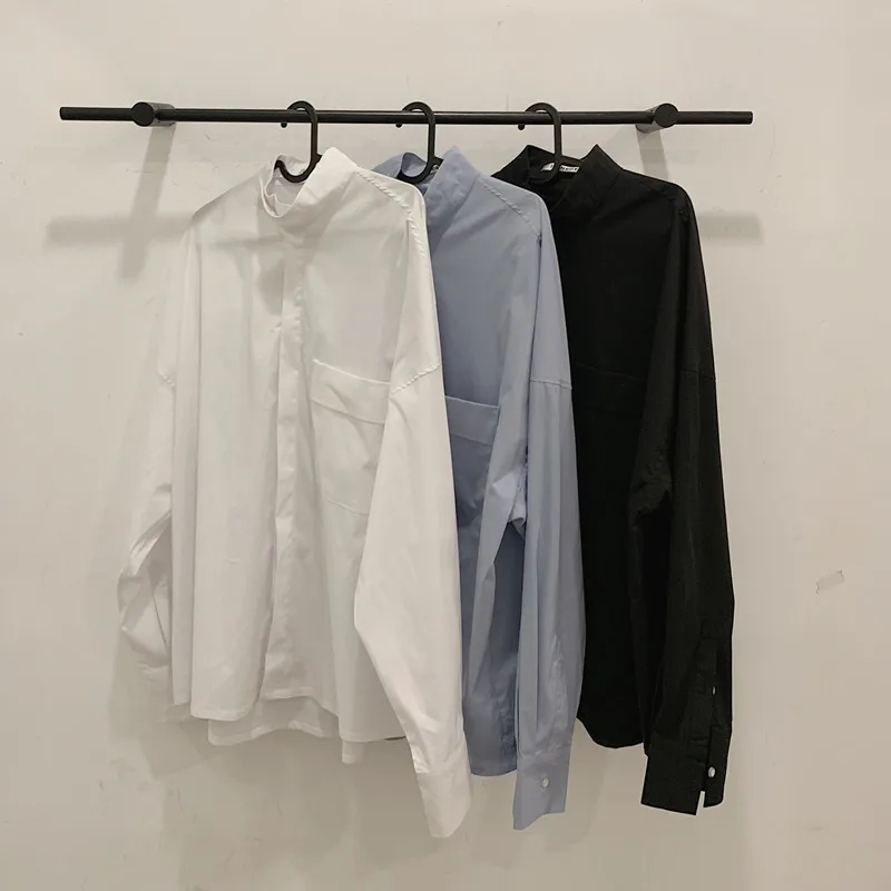 

2020 Spring And Autumn New Small Stand Collar Solid Color Loose Long Sleeve Shirt Fashion Casual Loose Top Black / White / Blue