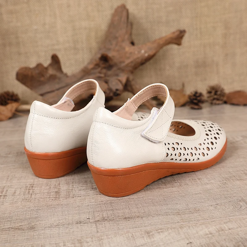 

GKTINOO Spring Female Genuine Leather Mary Jane Flat Shoes Woman Summer Shoes Hollow Breathable Low Heel Ladies Flats