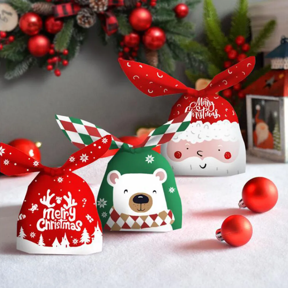 

50pcs Christmas Bags Candy Cookies Plastic Wrapping Bag Cute Bunny Ear Presents Xmas Party Cake Dessert Baking Packaging Bag
