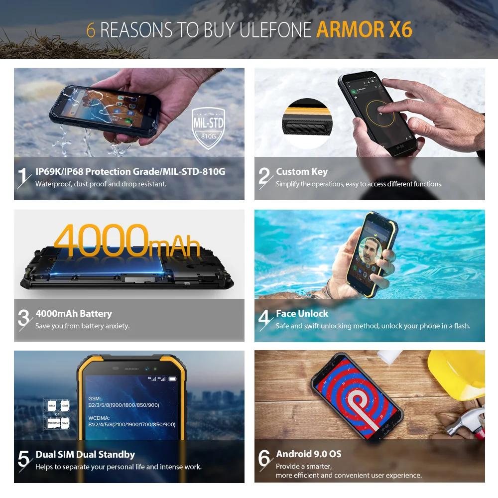 Ulefone Armor X6 IP68/IP69K Waterproof Rugged Phone MT6580 Android 9.0 Face ID Unlock 4000mAh 8MP 2GB 16GB ROM 3G Global Version