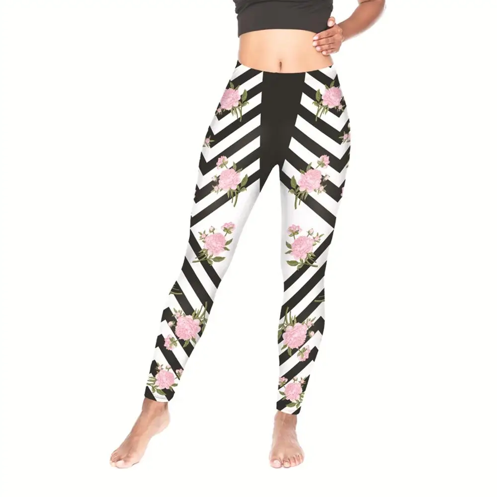 

Rose Flower Black Striped Sport Leggings Fashion Pants High Waist Workout Jogging For Women Athleisure Training Leggings
