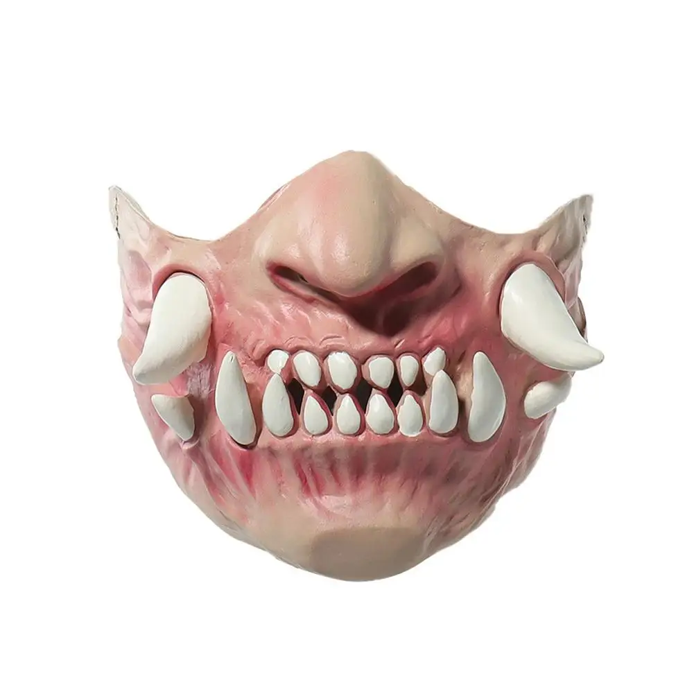 

2021 New Face Cover Latex Half Face Scary Teeth Halloween Headgear Cosmask Halloween Smile Horror Half Face Haunted Headgear