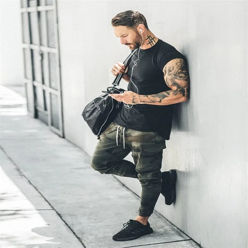 Batwing Sleeve Tshirt Men Workout GYM Fitness T Shirts Moto Biker Tops Hip Hop Streetwear Men Clothing images - 6