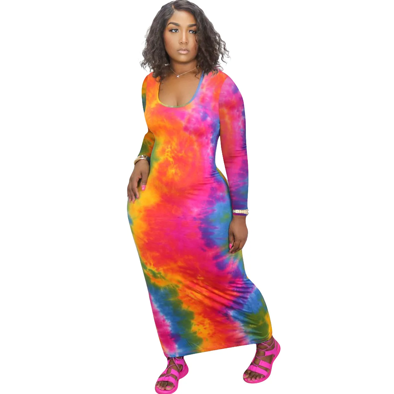 

Casual Bodycon Women Long Dress Long Sleeve Square Collar Robe Female Party Club Vestidos Women Tie Dye Pencil Dress