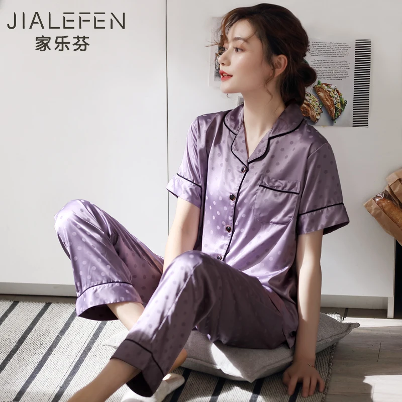 

Pajamas Female Summer Ice Silk Short Sleeve Tracksuit Summer Thin Loose Artificial Silk Korean-style Casual Two-Piece Suit