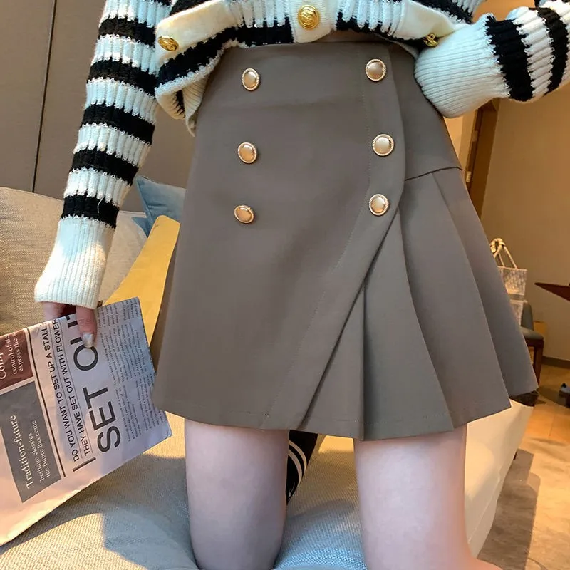 

High waist slim double-breasted retro pleated skirt skirt 2021 early spring new anti-glare A-line skirt empire Casual