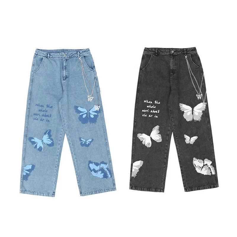 Korean Fashion Butterfly Graffiti Print Punk Men Baggy Jeans Trousers Hip Hop Straight Loose Wide Women Kpop Denim Pants Spodnie