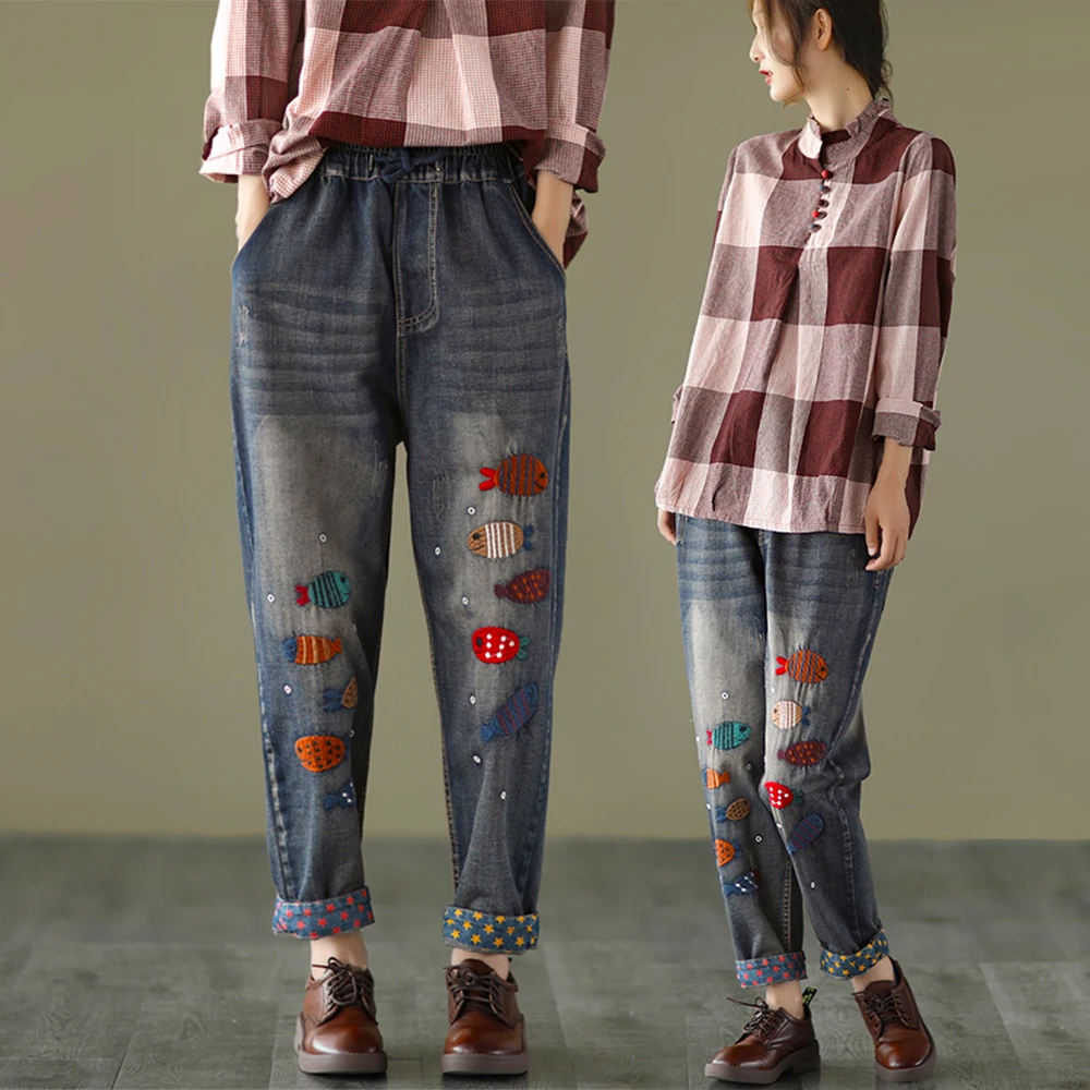 

High Quality Women M-XL Retro Patch Embroidered Print Fish Loose Jeans Oversized Washed High Waist Harem Pants Long Pants