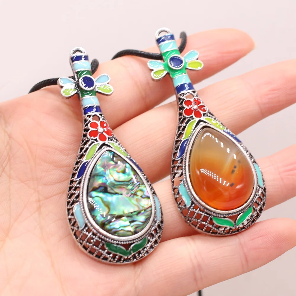 

New Style Natural Shell Alloy Necklace Lute-Shaped Brooch Pendant Leather Cord 2MM Charms For Elegant Women Love Romantic Gift