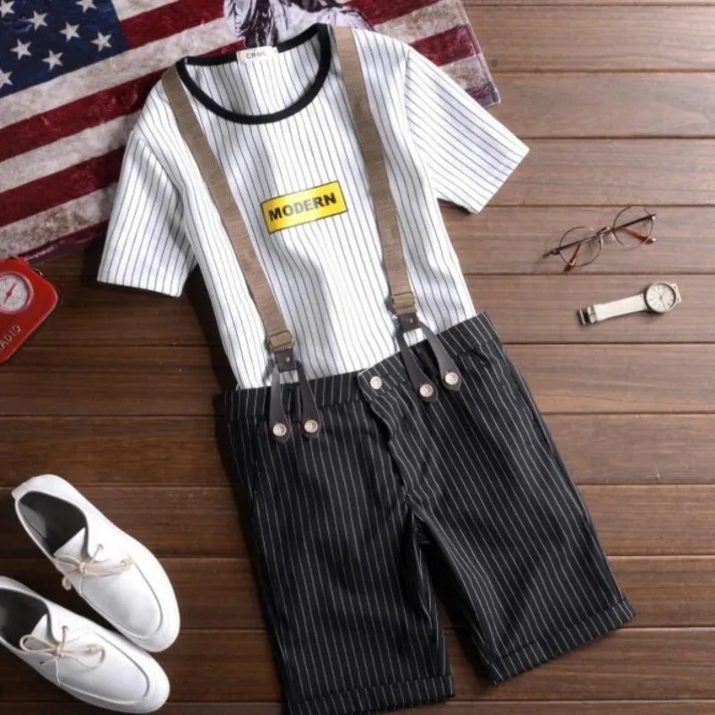 Брюки мужские с подтяжками модные штаны в британском стиле приталенные полоску