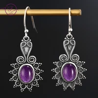 oval amethyst 925 sterling silver drop earrings for women ethnic flower earring party anniversary gift jewelry