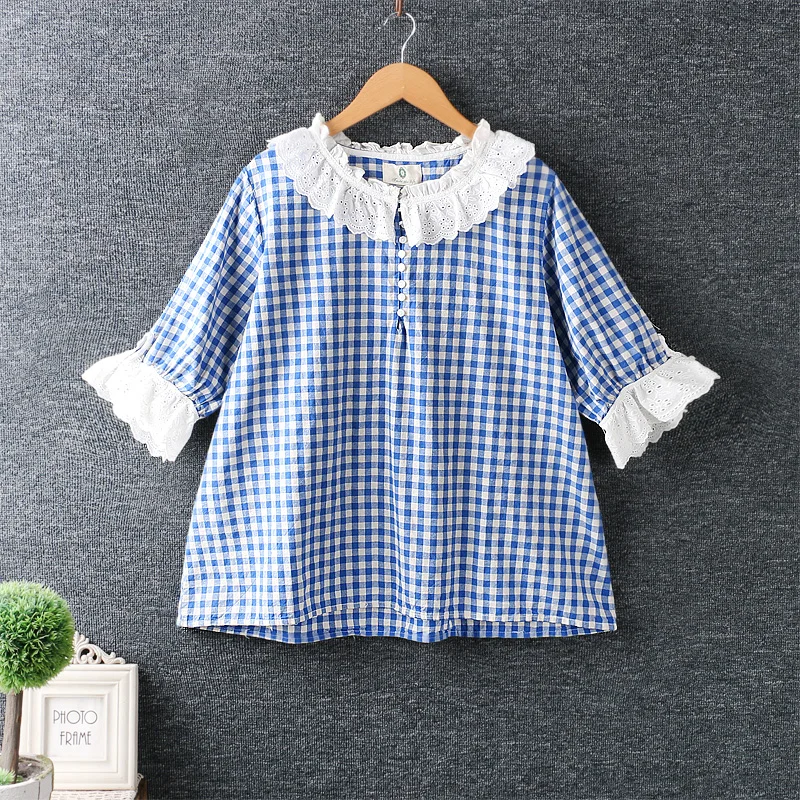 

Summer new women's sweet little fresh O neck plaid shirt three quarter sleeve cotton shirt tops loose casual wear