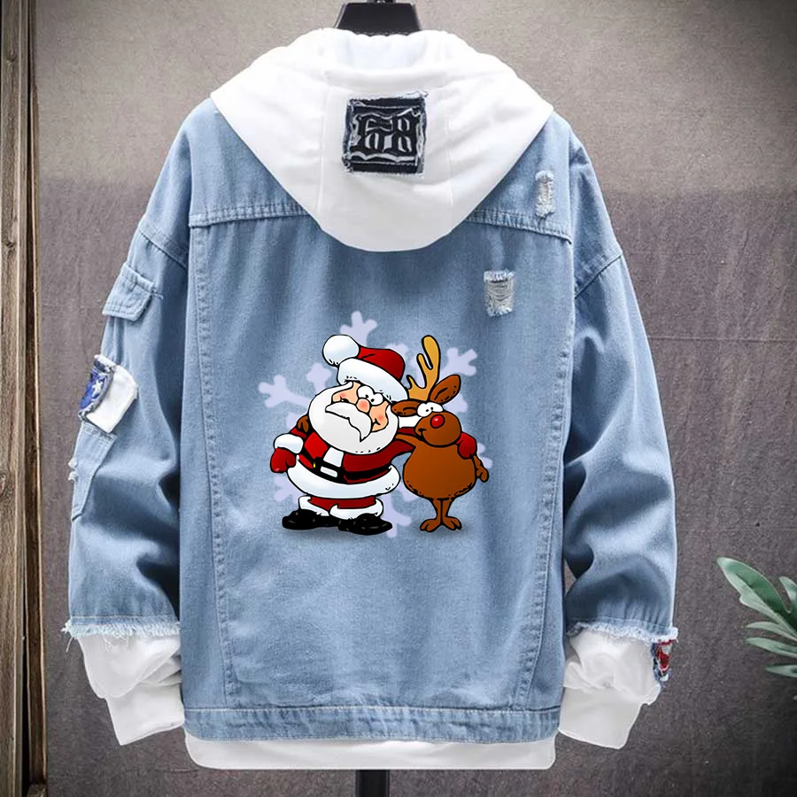 Santa Christmas New Year Print Denim Jacket For Men Style Streetwear Hip Hop Varsity Jean Autumn Vintage Jeans Coat Ropa | Мужская