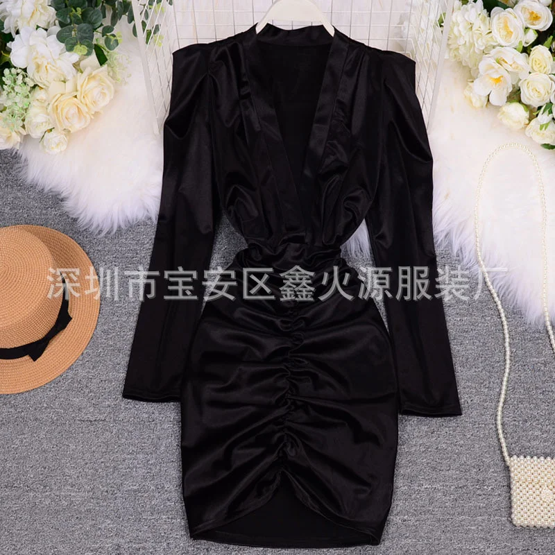 

Women Sexy V Short Dress Autumn Slim Solid Fashion Pencil Dress Style Chic Slim Streetwear Dresses