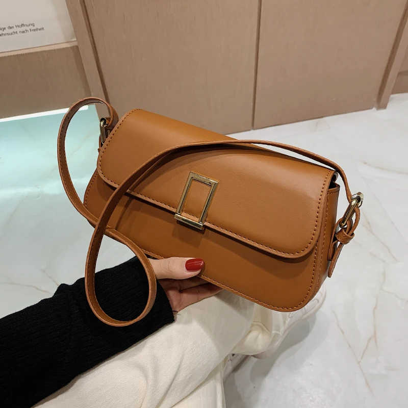 

Simple Style Solid Color PU Leather Shoulder Bags for Women 2021 New Fashion Trend Handbag Messenger Shopping Baguette Bag