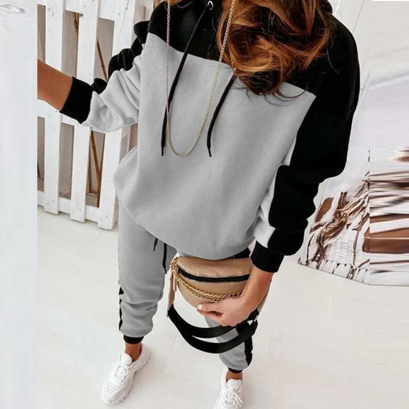 

Women Casual Drawstring Hooded Long Sleeve Top And Long Pants Suits Streetwears New Spring Patchwork Solid Fashion Two Piece Set