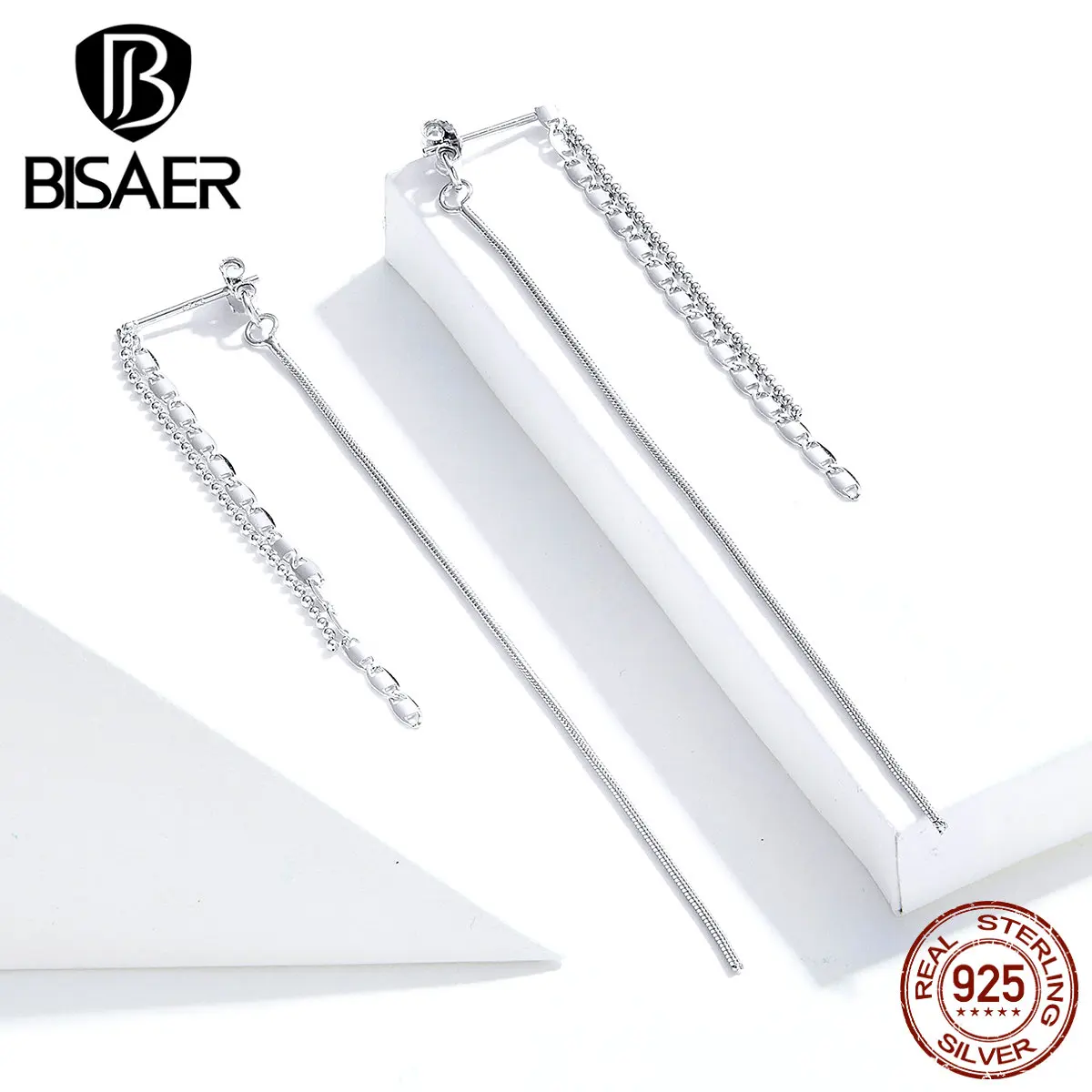 Простые серьги, BISAER, 925 пробы, серебряная кисточка, длинная цепочка, женские серьги-гвоздики, простой стиль, Стерлинговое Серебро, ювелирное изделие ECE790