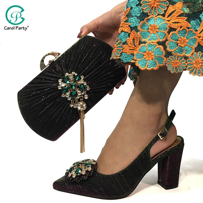

New Arrival Fashion Italian design Shoes with Matching Bags Set Decorated with Rhinestone Women Shoes and Bags in D.Green Color