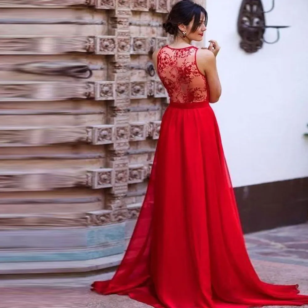 

Red Chiffon Party Gowns A-line V-Neck Sweep/Brush Evening Dresses Floor length Lace Sleeveless Draped Fashion Party Dresses