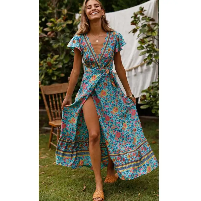 Богемный Вдохновленный мульти Цветочное платье с v-образным вырезом запахом