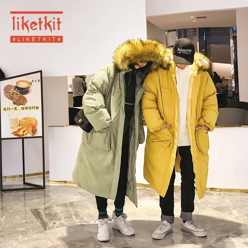 Liketkit зимние куртки для мужчин 2019 одноцветные большой меховой воротник толстые