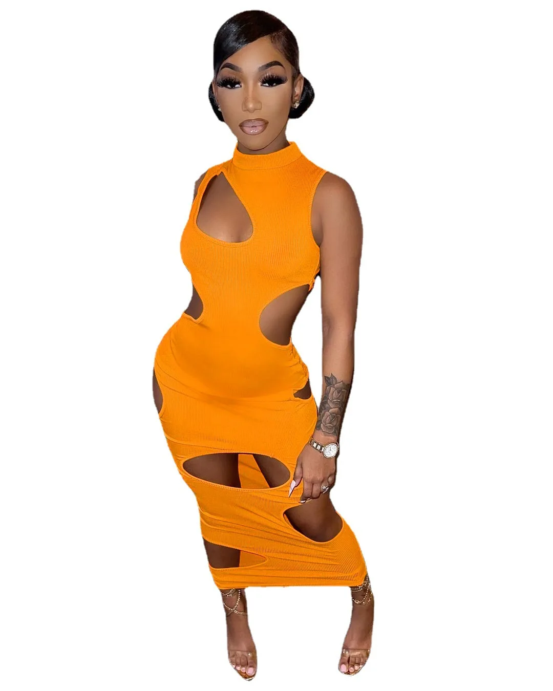 Модное соблазнительное вязаное облегающее платье макси без рукавов с ложным