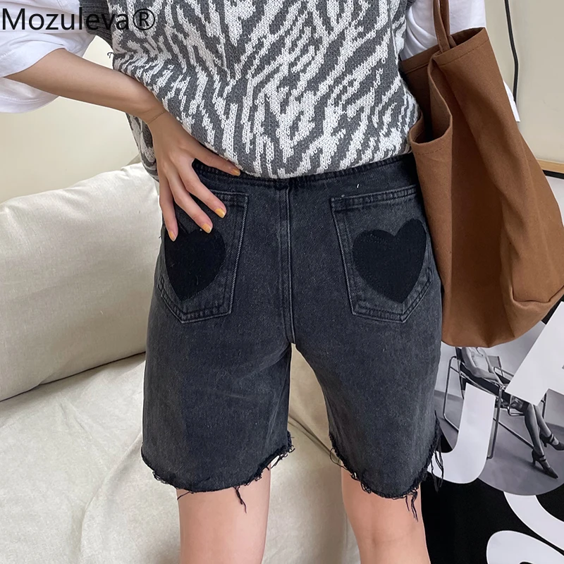 

Mozuleva Women Spring Summer Chic Straight Half Pants Female Stylish High Waist Heart Pockets Solid Denim Jeans Ladies Shorts