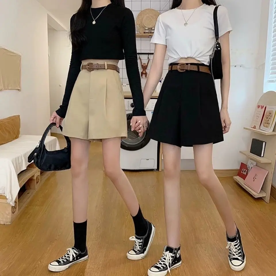 Шорты женские однотонные простые с завышенной талией модные повседневные